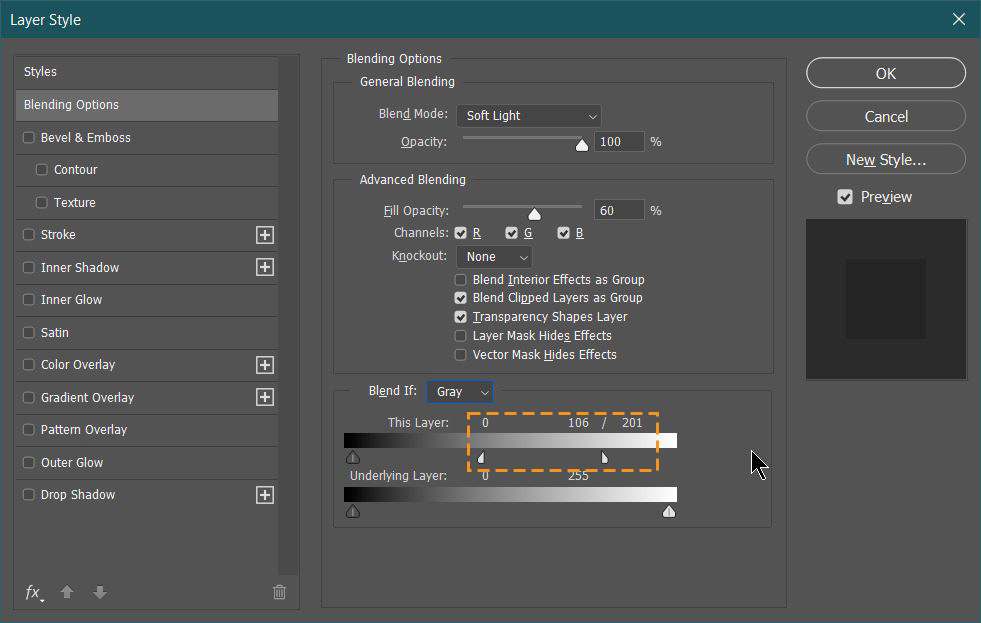 white slider separated in blend if option in layer style dialog box in photoshop