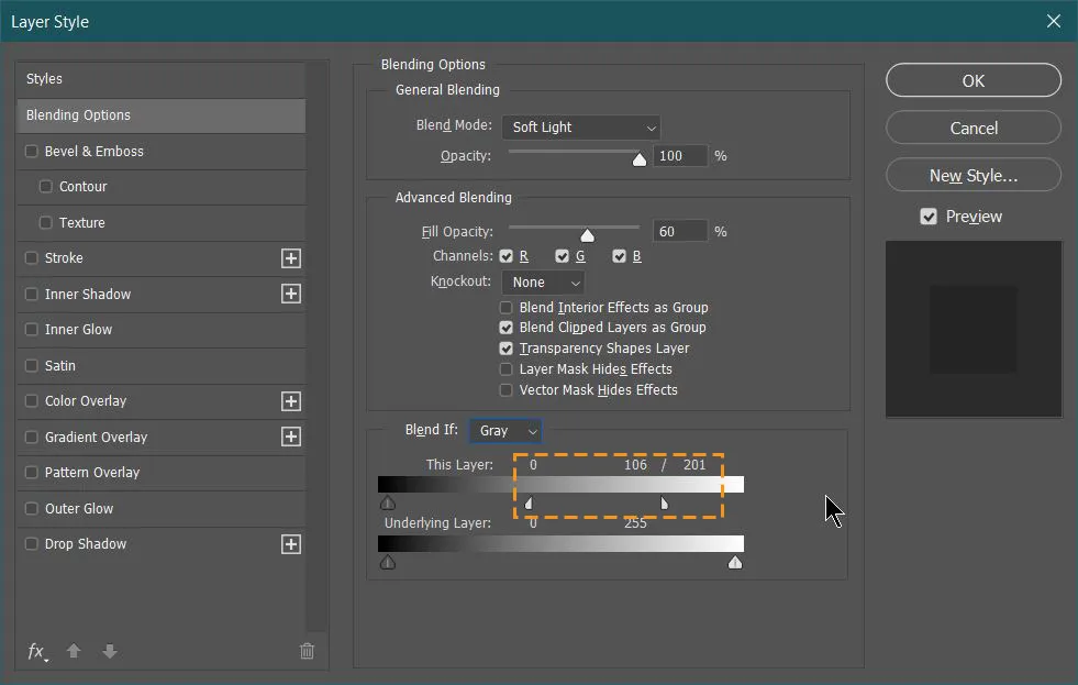 Dual light effect 52 white slider separated in blend if option in layer style dialog box in photoshop