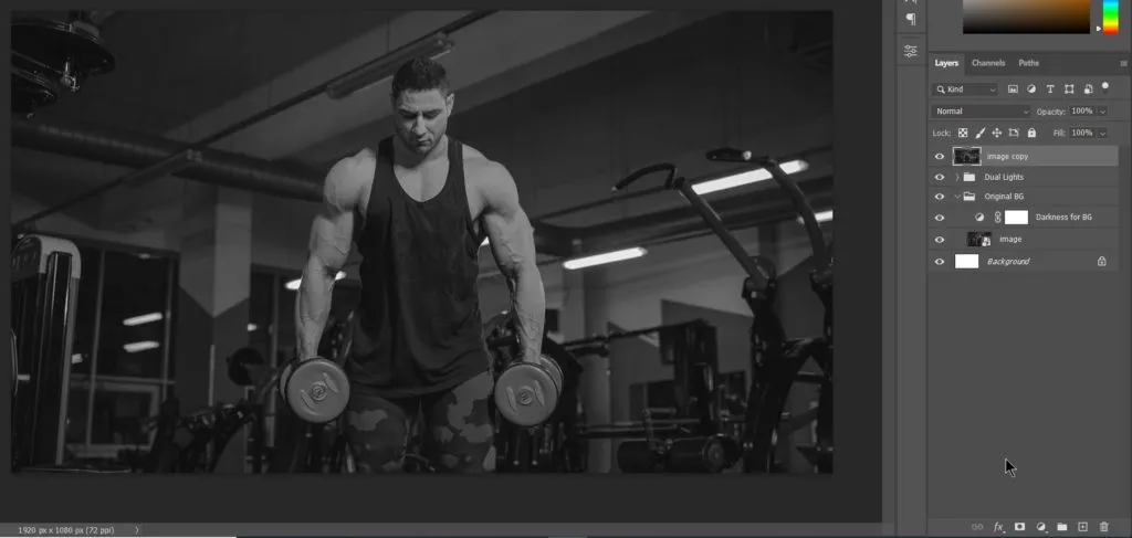 Dual light effect 56 desaturated the duplicated original image in layer panel in photoshop