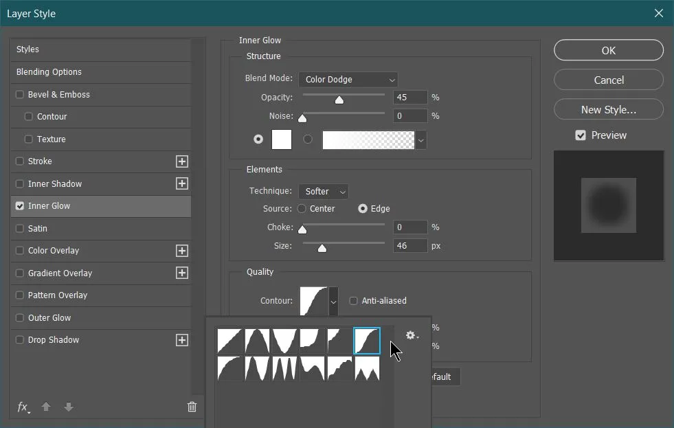 Dual light effect 66 inner glow settings in layer style dialog box in photoshop