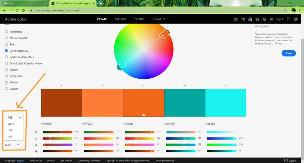 Dual light effect 10 different color modes in adobe color wheel