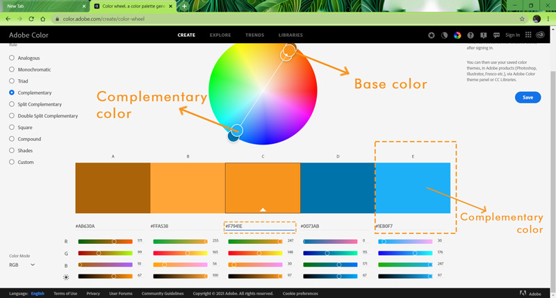 complementary color value in adobe color wheel