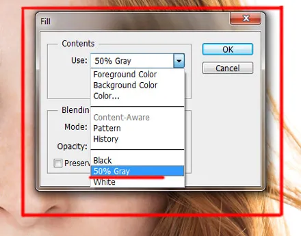 Skin Retouching 18 fill dialog box in photoshop
