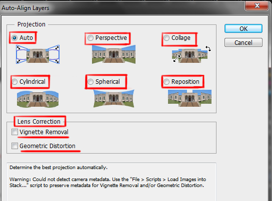 auto align layers dialog box in photoshop