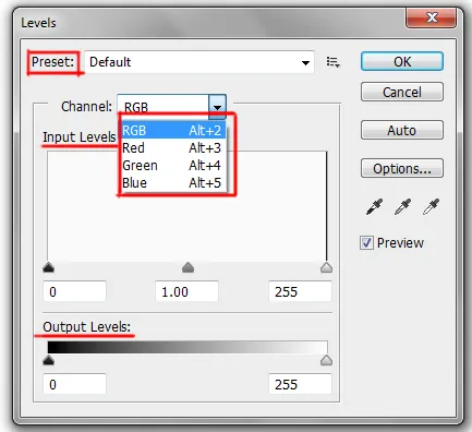 Image menu in Photoshop 11 levels dialog box in photoshop