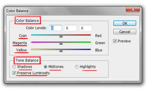 Image menu in Photoshop 16 color balance dialog box in photoshop