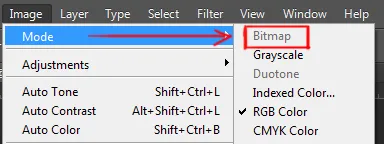 Image menu in Photoshop 2 bitmap option under mode in image menu in photoshop