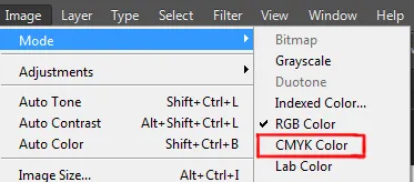 Image menu in Photoshop 7 cmyk color option under mode in image menu in photoshop