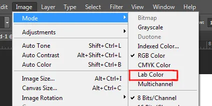 Image menu in Photoshop 8 Lab color option under mode in image menu in photoshop