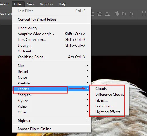 Filter menu in Photoshop 13 Render options under filter menu in photoshop