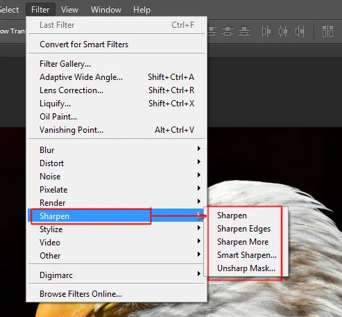 Filter menu in Photoshop 14 sharpen options under filter menu in photoshop