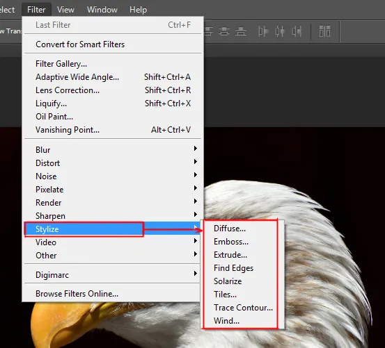 Filter menu in Photoshop 15 stylize option under filter menu in photoshop