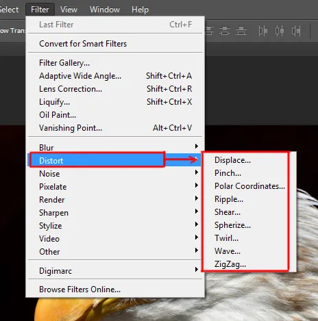 Filter menu in Photoshop 9 distort option under filter menu in photoshop