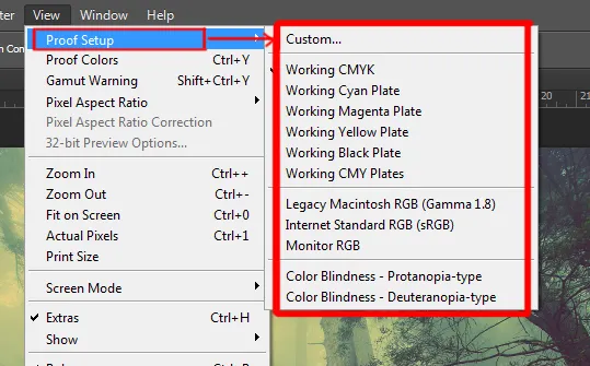 View menu in Photoshop 1 proof setup option under view menu in photoshop
