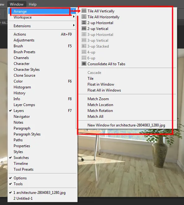 Window menu in Photoshop 1 arrange option under window menu in photoshop