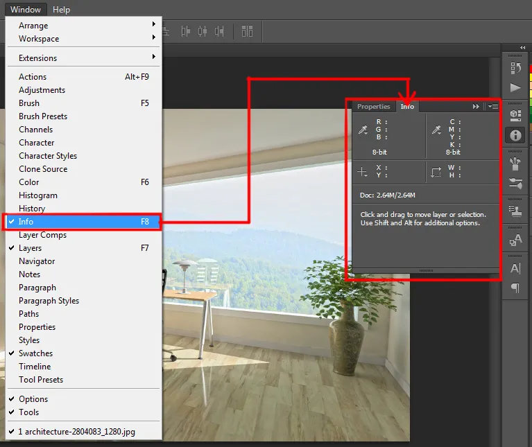 Window menu in Photoshop 12 info panel under window menu in photoshop