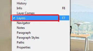 Window menu in Photoshop 14 layers panel under window menu in photoshop
