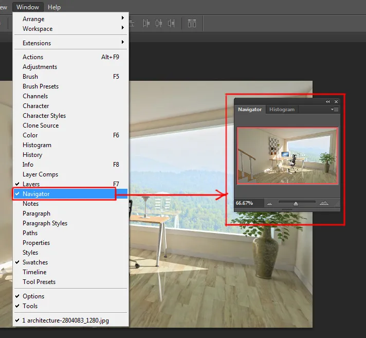 Window menu in Photoshop 15 Navigator panel under window menu in photoshop