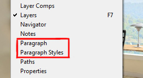 paragraph & paragraph styles panel under window menu in photoshop