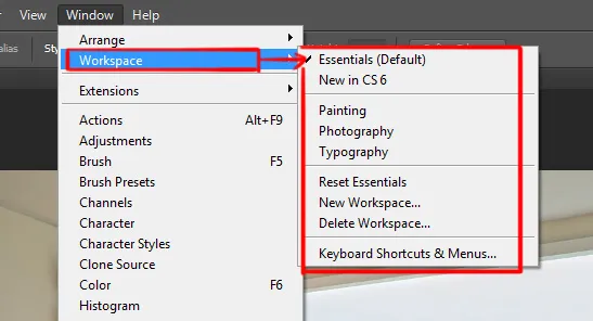 Window menu in Photoshop 2 workspace option under window menu in photoshop