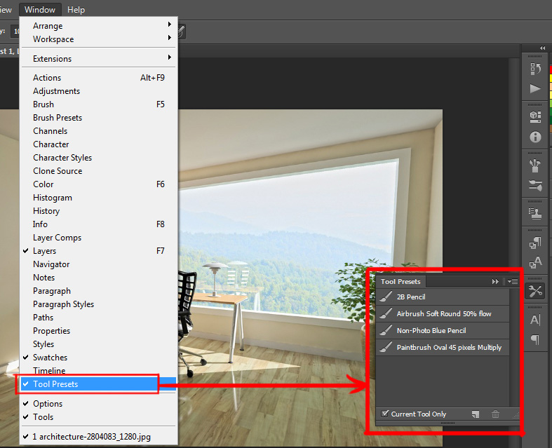 tool presets panel under window menu in photoshop