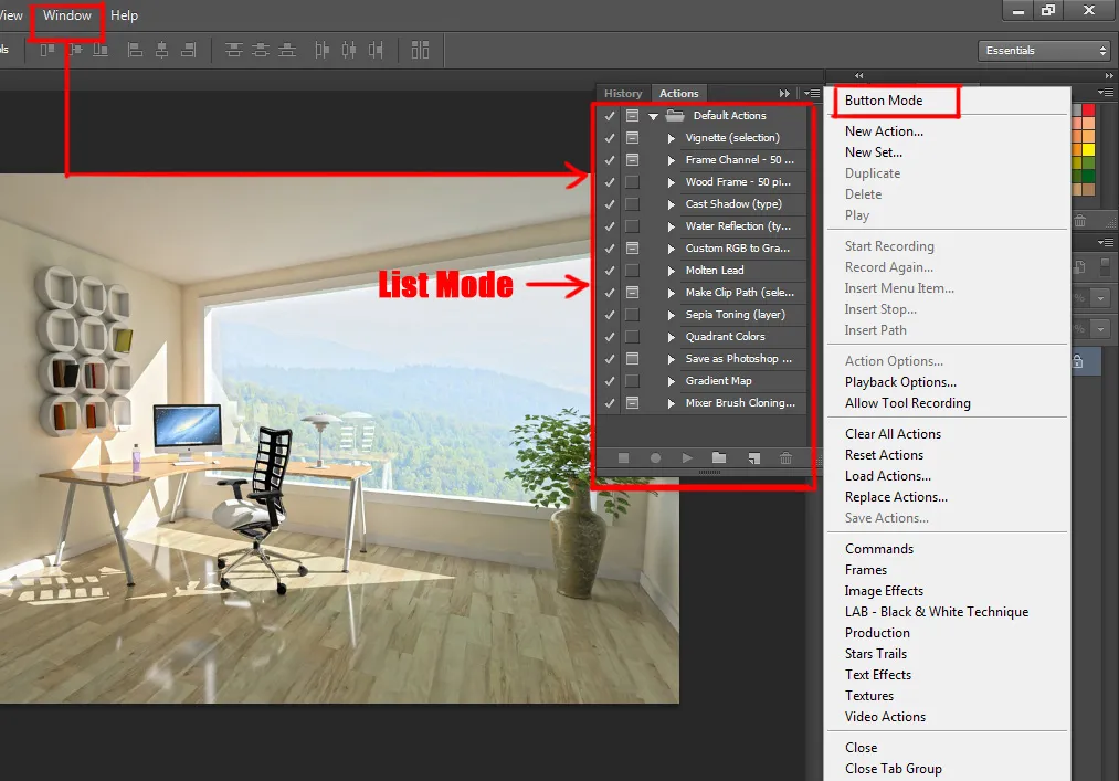 Window menu in Photoshop 3 action panel in photoshop