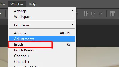 Window menu in Photoshop 5 brush panel under window menu in photoshop