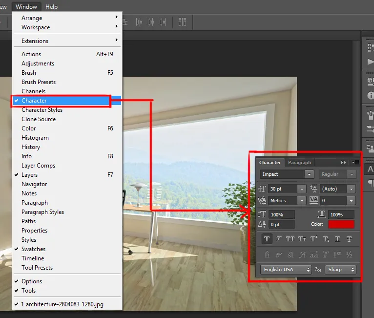 Window menu in Photoshop 7 character panel under window menu in photoshop