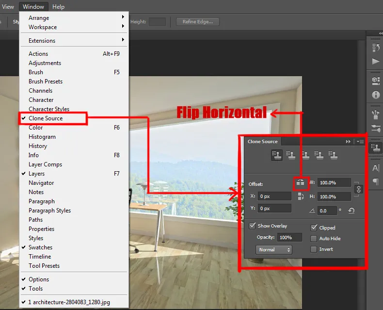 Window menu in Photoshop 9 clone source panel under window menu in photoshop