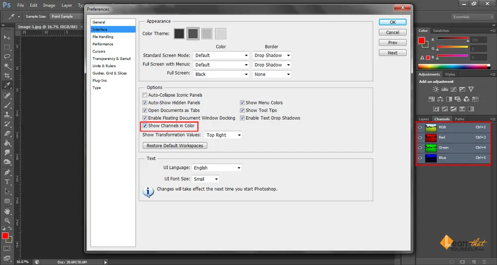 interface tab in preferences under edit menu in photoshop