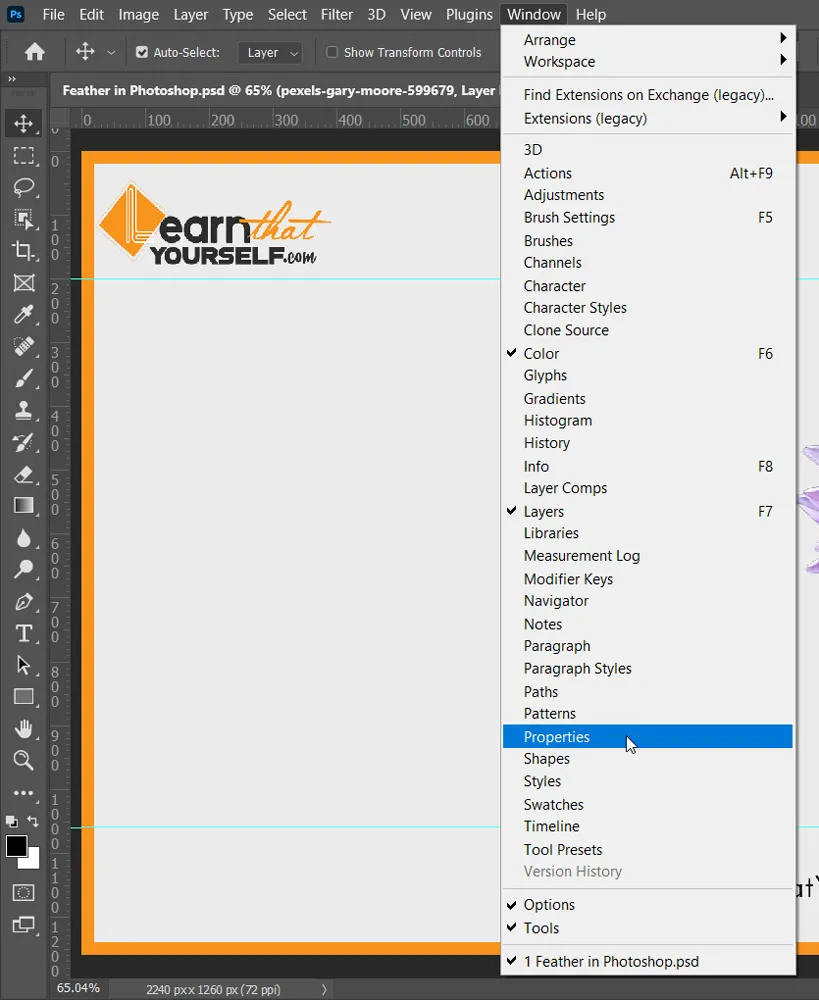 Feather in Photoshop 11 properties panel under window menu in photoshop