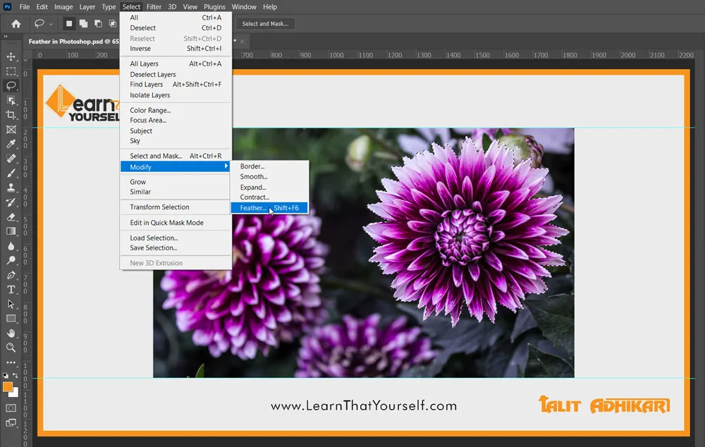 Feather in Photoshop 7 feather option under modify in select menu in photoshop