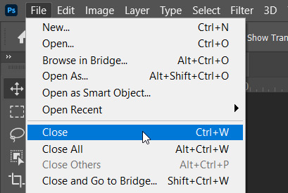 close option under file menu in photoshop