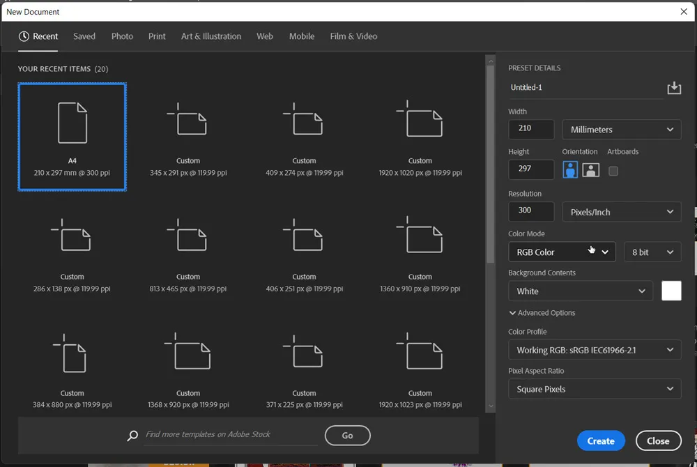 How to create New Document in Photoshop 14 recent tab in new document dialog box in photoshop