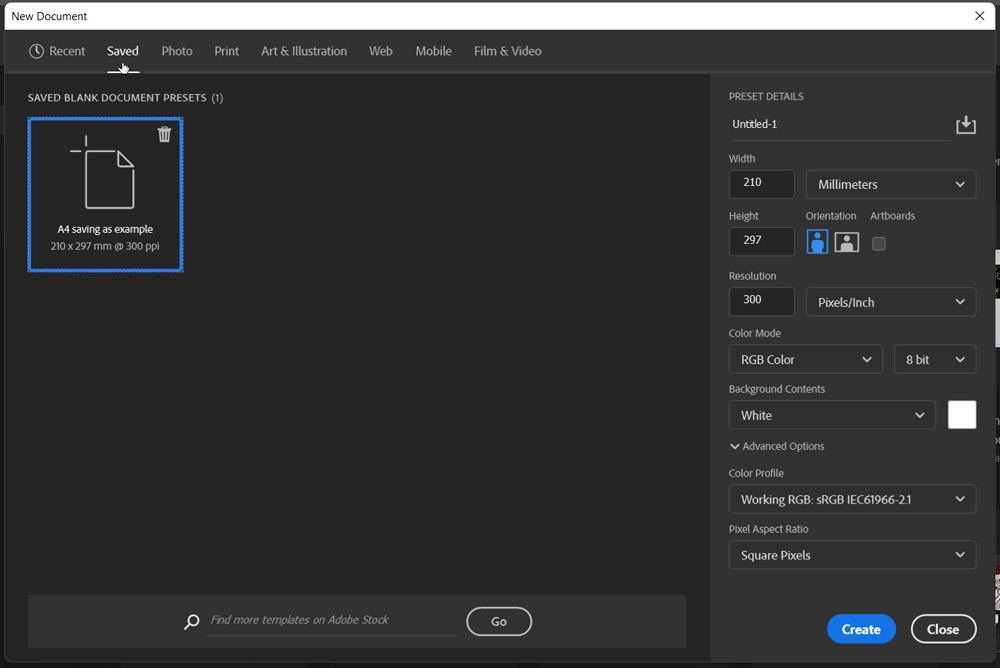 saved tab in new document dialog box in photoshop