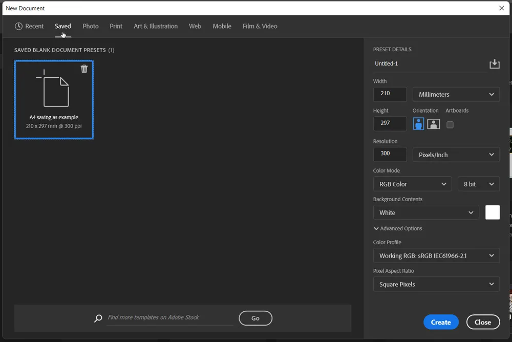 How to create New Document in Photoshop 17 saved tab in new document dialog box in photoshop