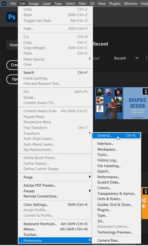 How to create New Document in Photoshop 19 General option in preferences under edit menu in photoshop