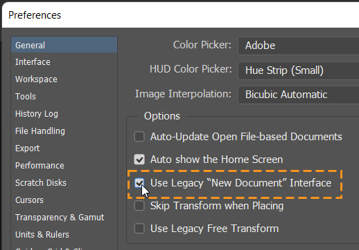 use legacy new document interface checkbox in general tab in preferences of photoshop