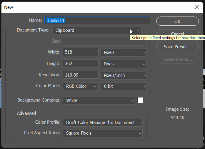 legacy new document dialog box in photoshop