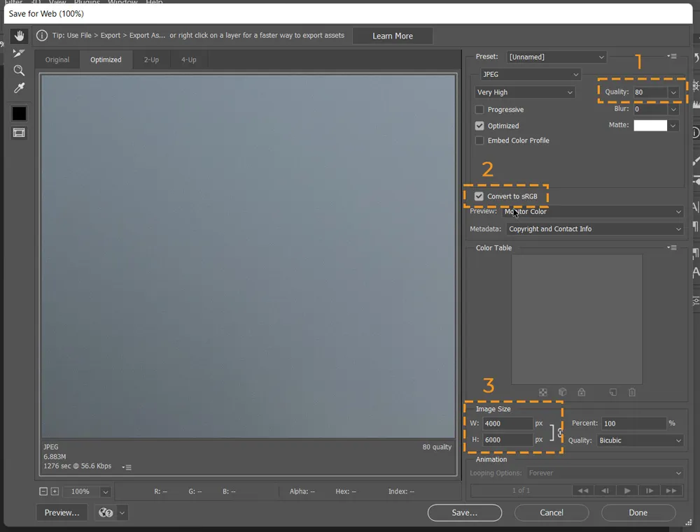 Color Profile 7 save for web dialog box in photoshop with quality, convert to sRGB and image size marked