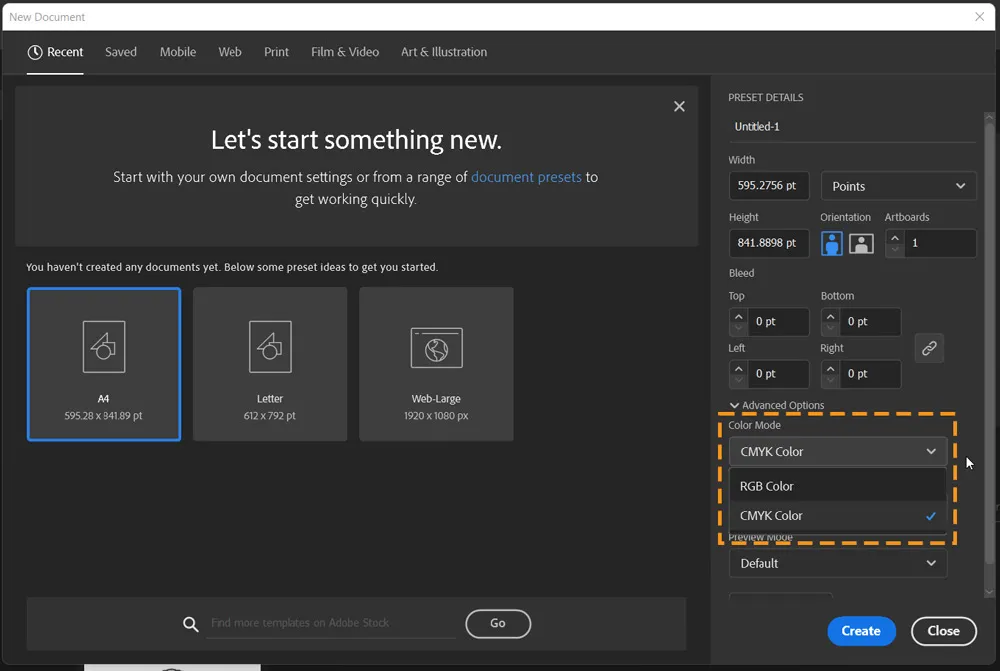 Color Mode 14 color mode option in new document dialog box in illustrator