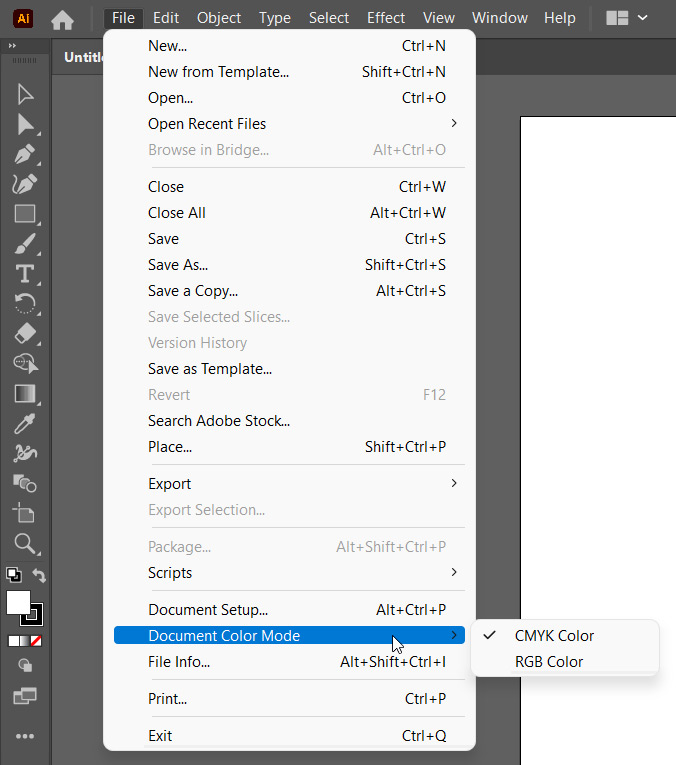 document color mode option under file menu in illustrator