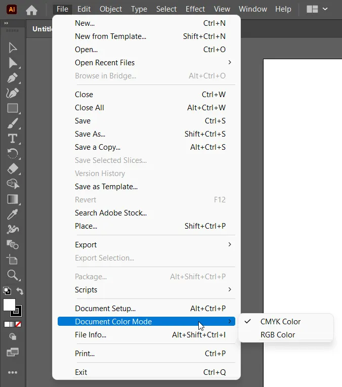 Color Mode 15 document color mode option under file menu in illustrator