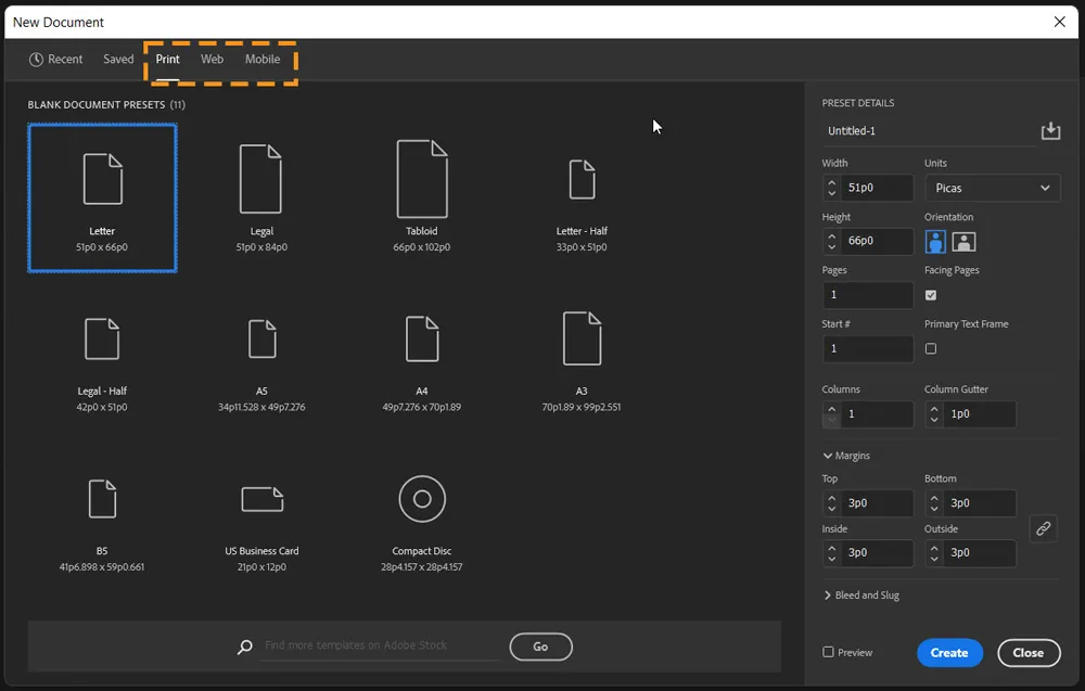 Color Mode 16 new document dialog box in indesign