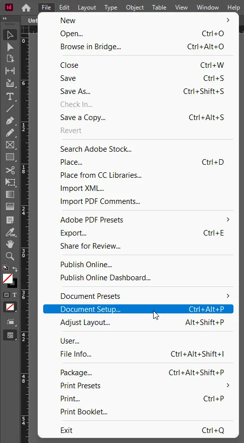 Color Mode 17 document setup option under file menu in indesign
