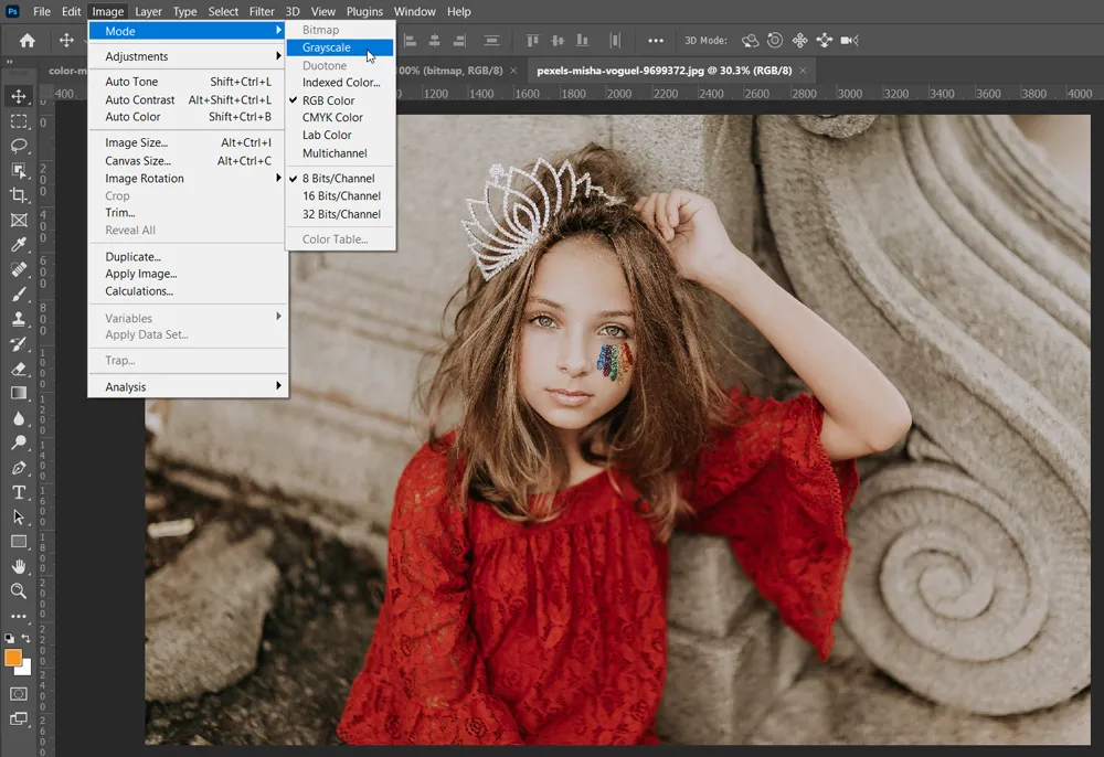 Color Mode 3 grayscale option under mode in image menu in photoshop