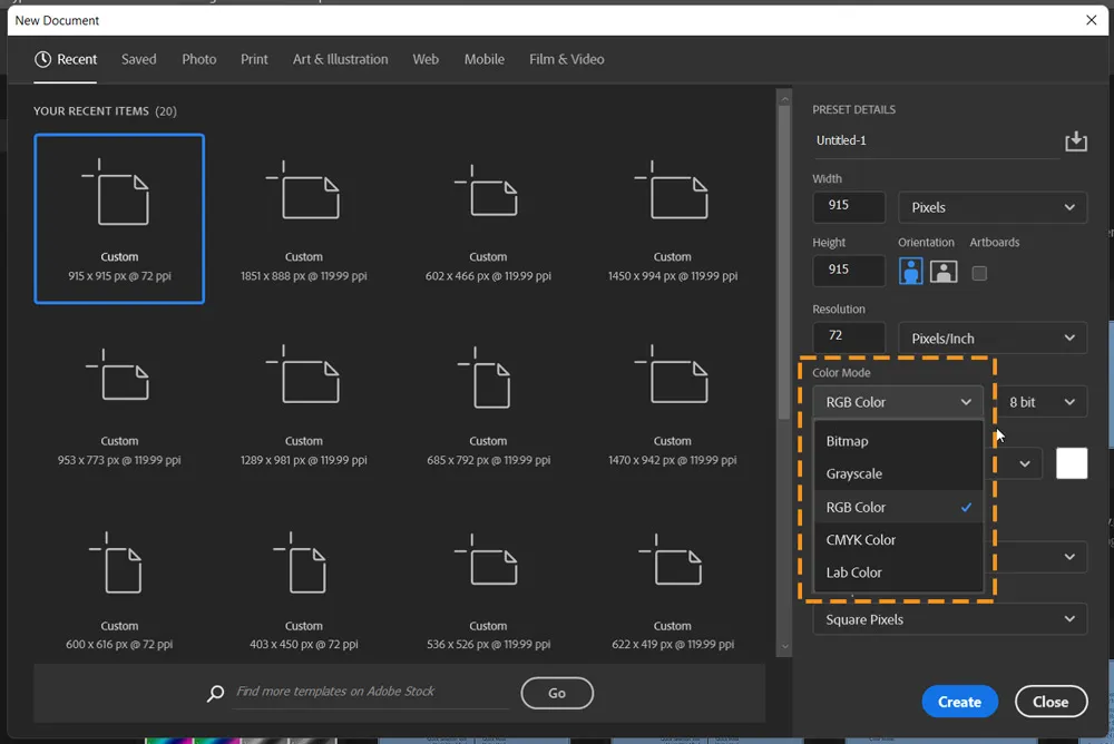 Color Mode 12 color mode option in new document dialog box in photoshop