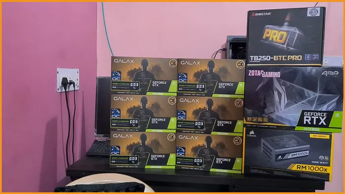 How to build GPU Mining Rig 1 image of graphic cards, mother board and power supply unit for building a crypto mining rig