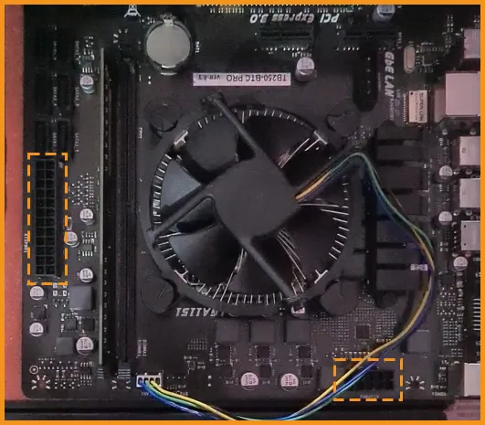 How to build GPU Mining Rig 25 24 pin and 10 pin slot marked in motherboard