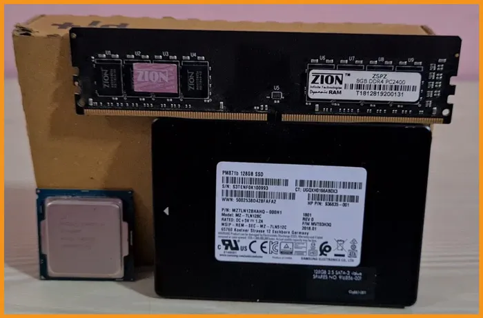 How to build GPU Mining Rig 2 image of processor, SSD and a RAM placed above SSD for building a mining rig